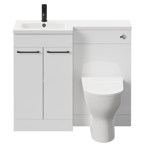 Napoli Combination Gloss White 1000mm Vanity Unit Toilet Suite with Left Hand L Shaped 1 Tap Hole Round Basin and 2 Doors with Matt Black Handles Front View