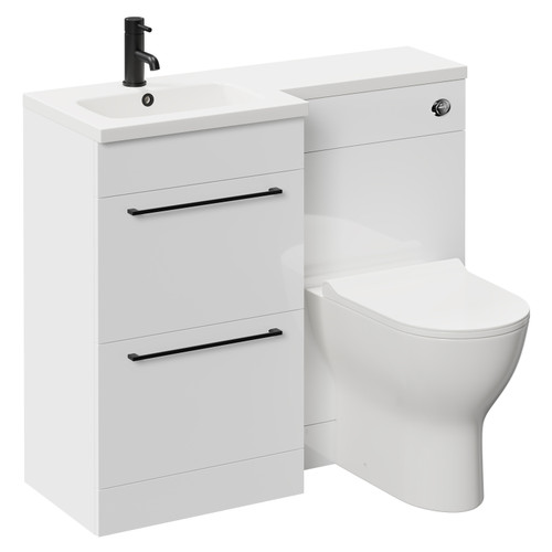 Napoli Combination Gloss White 1000mm Vanity Unit Toilet Suite with Left Hand L Shaped 1 Tap Hole Round Basin and 2 Drawers with Matt Black Handles Left Hand Side View