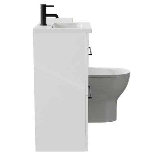 Napoli Combination Gloss White 1000mm Vanity Unit Toilet Suite with Left Hand L Shaped 1 Tap Hole Round Basin and 2 Drawers with Matt Black Handles Side on View