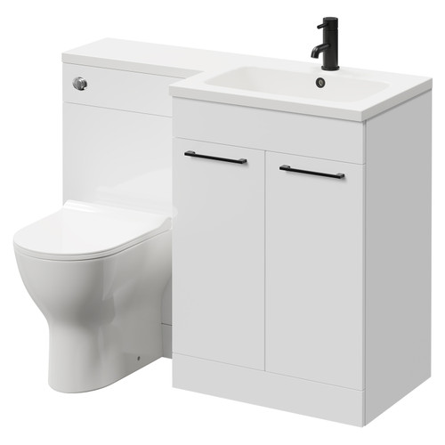 Napoli Combination Gloss White 1100mm Vanity Unit Toilet Suite with Right Hand L Shaped 1 Tap Hole Round Basin and 2 Doors with Matt Black Handles Right Hand Side View