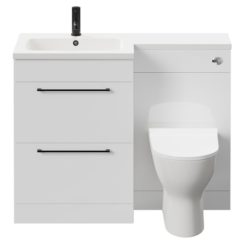 Napoli Combination Gloss White 1100mm Vanity Unit Toilet Suite with Left Hand L Shaped 1 Tap Hole Round Basin and 2 Drawers with Matt Black Handles Front View