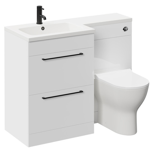 Napoli Combination Gloss White 1100mm Vanity Unit Toilet Suite with Left Hand L Shaped 1 Tap Hole Round Basin and 2 Drawers with Matt Black Handles Left Hand Side View
