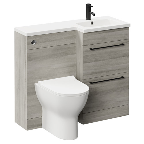 Napoli Combination Molina Ash 1000mm Vanity Unit Toilet Suite with Right Hand L Shaped 1 Tap Hole Round Basin and 2 Drawers with Matt Black Handles Left Hand Side View
