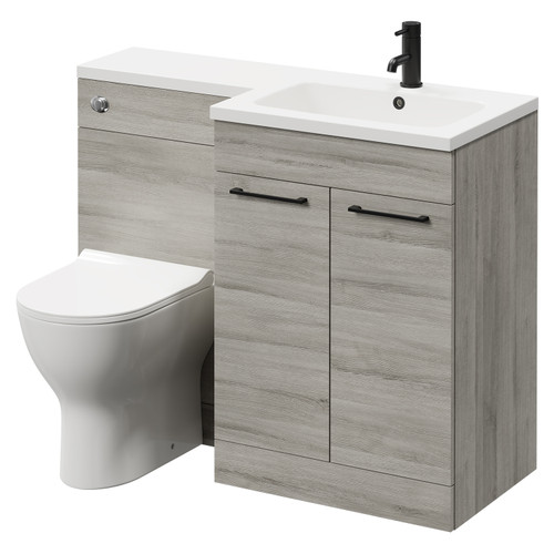 Napoli Combination Molina Ash 1100mm Vanity Unit Toilet Suite with Right Hand L Shaped 1 Tap Hole Round Basin and 2 Doors with Matt Black Handles Right Hand Side View