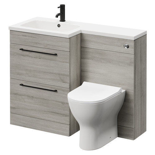 Napoli Combination Molina Ash 1100mm Vanity Unit Toilet Suite with Left Hand L Shaped 1 Tap Hole Round Basin and 2 Drawers with Matt Black Handles Right Hand Side View