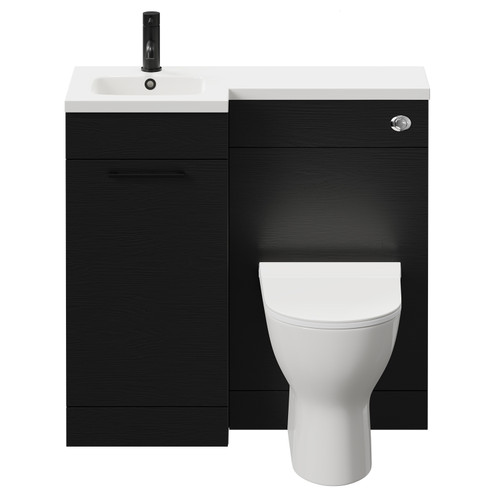 Napoli Combination Nero Oak 900mm Vanity Unit Toilet Suite with Left Hand L Shaped 1 Tap Hole Round Basin and Single Door with Matt Black Handle Front View