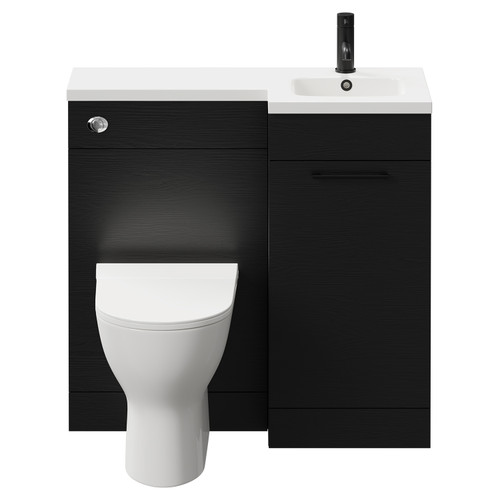 Napoli Combination Nero Oak 900mm Vanity Unit Toilet Suite with Right Hand L Shaped 1 Tap Hole Round Basin and Single Door with Matt Black Handle Front View