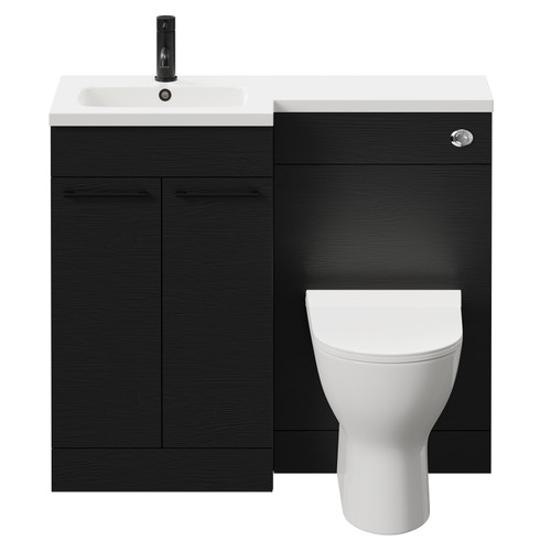Napoli Combination Nero Oak 1000mm Vanity Unit Toilet Suite with Left Hand L Shaped 1 Tap Hole Round Basin and 2 Doors with Matt Black Handles Front View