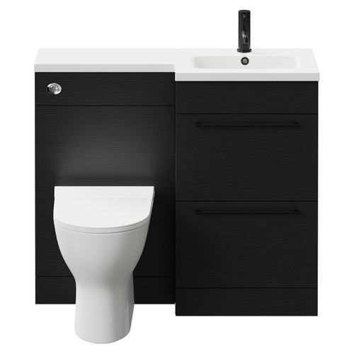 Napoli Combination Nero Oak 1000mm Vanity Unit Toilet Suite with Right Hand L Shaped 1 Tap Hole Round Basin and 2 Drawers with Matt Black Handles Front View