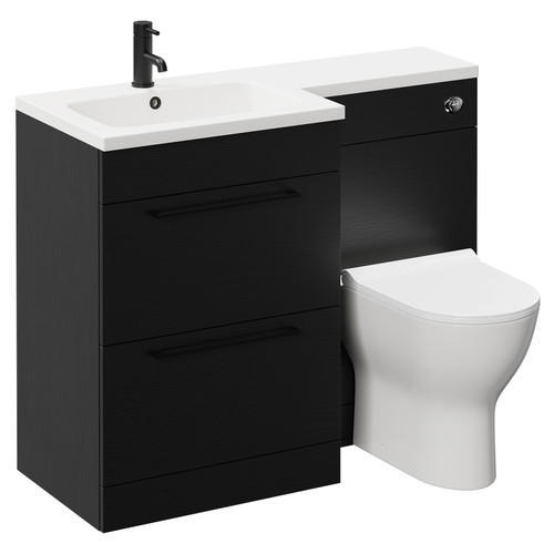 Napoli Combination Nero Oak 1100mm Vanity Unit Toilet Suite with Left Hand L Shaped 1 Tap Hole Round Basin and 2 Drawers with Matt Black Handles Left Hand Side View