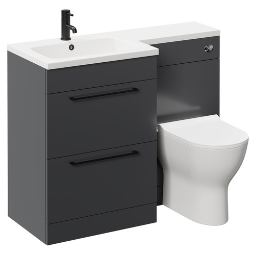 Napoli Combination Gloss Grey 1100mm Vanity Unit Toilet Suite with Left Hand L Shaped 1 Tap Hole Round Basin and 2 Drawers with Matt Black Handles Left Hand Side View