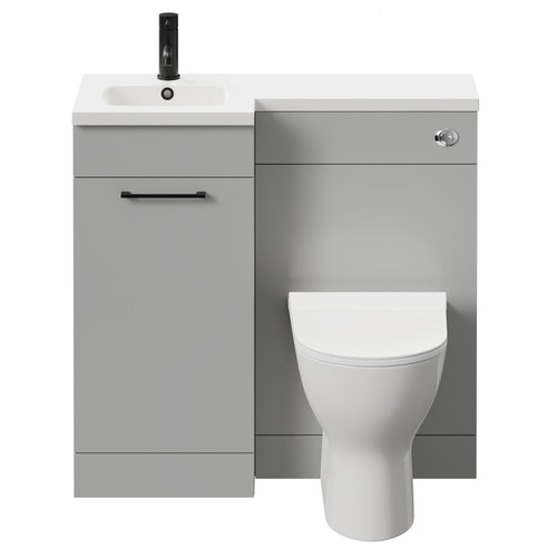 Napoli Combination Gloss Grey Pearl 900mm Vanity Unit Toilet Suite with Left Hand L Shaped 1 Tap Hole Round Basin and Single Door with Matt Black Handle Front View
