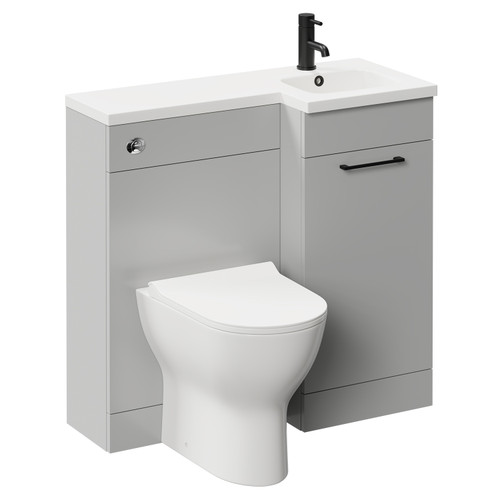 Napoli Combination Gloss Grey Pearl 900mm Vanity Unit Toilet Suite with Right Hand L Shaped 1 Tap Hole Round Basin and Single Door with Matt Black Handle Left Hand Side View