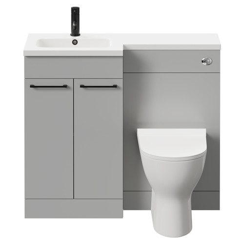 Napoli Combination Gloss Grey Pearl 1000mm Vanity Unit Toilet Suite with Left Hand L Shaped 1 Tap Hole Round Basin and 2 Doors with Matt Black Handles Front View