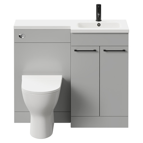 Napoli Combination Gloss Grey Pearl 1000mm Vanity Unit Toilet Suite with Right Hand L Shaped 1 Tap Hole Round Basin and 2 Doors with Matt Black Handles Front View