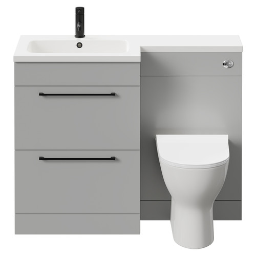 Napoli Combination Gloss Grey Pearl 1100mm Vanity Unit Toilet Suite with Left Hand L Shaped 1 Tap Hole Round Basin and 2 Drawers with Matt Black Handles Front View