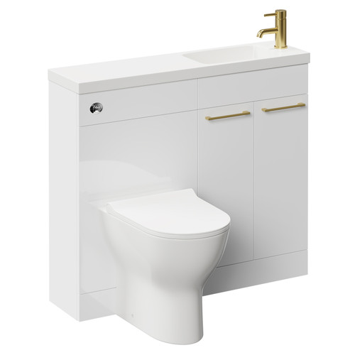 Napoli Combination Gloss White 1000mm Vanity Unit Toilet Suite with Slimline 1 Tap Hole Round Basin and 2 Doors with Brushed Brass Handles Left Hand Side View