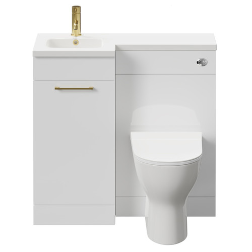 Napoli Combination Gloss White 900mm Vanity Unit Toilet Suite with Left Hand L Shaped 1 Tap Hole Round Basin and Single Door with Brushed Brass Handle Front View