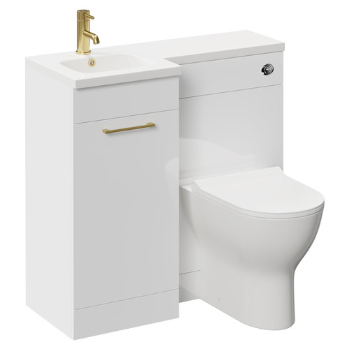 Napoli Combination Gloss White 900mm Vanity Unit Toilet Suite with Left Hand L Shaped 1 Tap Hole Round Basin and Single Door with Brushed Brass Handle Left Hand Side View