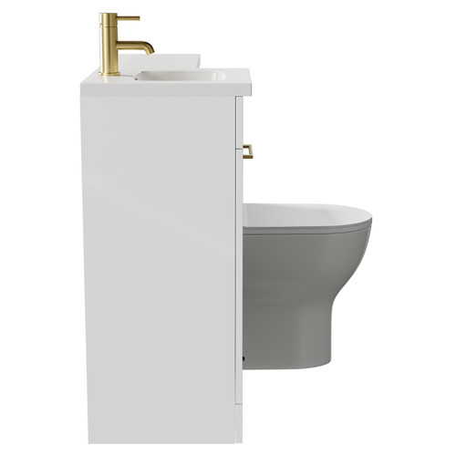 Napoli Combination Gloss White 900mm Vanity Unit Toilet Suite with Left Hand L Shaped 1 Tap Hole Round Basin and Single Door with Brushed Brass Handle Side on View