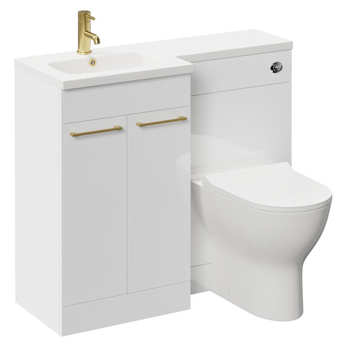 Napoli Combination Gloss White 1000mm Vanity Unit Toilet Suite with Left Hand L Shaped 1 Tap Hole Round Basin and 2 Doors with Brushed Brass Handles Left Hand Side View