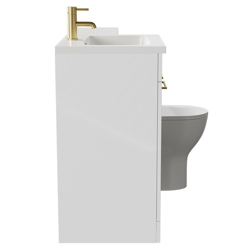 Napoli Combination Gloss White 1100mm Vanity Unit Toilet Suite with Left Hand L Shaped 1 Tap Hole Round Basin and 2 Doors with Brushed Brass Handles Side on View