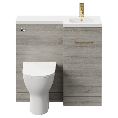 Napoli Combination Molina Ash 900mm Vanity Unit Toilet Suite with Right Hand L Shaped 1 Tap Hole Round Basin and Single Door with Brushed Brass Handle Front View
