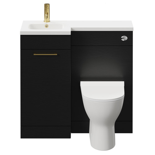 Napoli Combination Nero Oak 900mm Vanity Unit Toilet Suite with Left Hand L Shaped 1 Tap Hole Round Basin and Single Door with Brushed Brass Handle Front View