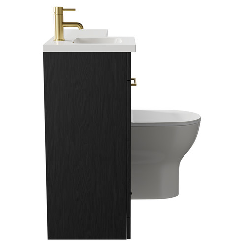 Napoli Combination Nero Oak 900mm Vanity Unit Toilet Suite with Left Hand L Shaped 1 Tap Hole Round Basin and Single Door with Brushed Brass Handle Side on View