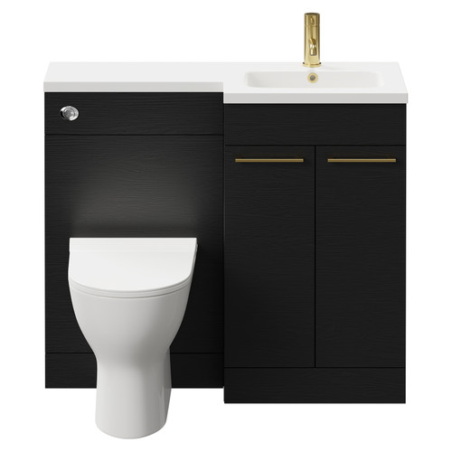 Napoli Combination Nero Oak 1000mm Vanity Unit Toilet Suite with Right Hand L Shaped 1 Tap Hole Round Basin and 2 Doors with Brushed Brass Handles Front View