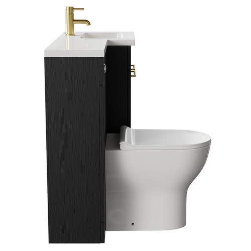 Napoli Combination Nero Oak 1000mm Vanity Unit Toilet Suite with Right Hand L Shaped 1 Tap Hole Round Basin and 2 Doors with Brushed Brass Handles Side on View