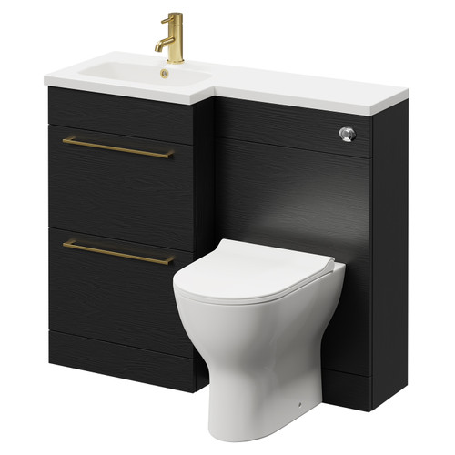 Napoli Combination Nero Oak 1000mm Vanity Unit Toilet Suite with Left Hand L Shaped 1 Tap Hole Round Basin and 2 Drawers with Brushed Brass Handles Right Hand Side View