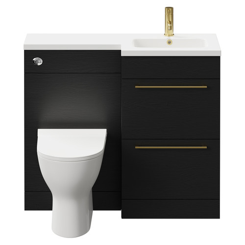 Napoli Combination Nero Oak 1000mm Vanity Unit Toilet Suite with Right Hand L Shaped 1 Tap Hole Round Basin and 2 Drawers with Brushed Brass Handles Front View