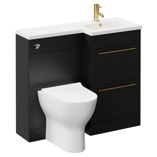 Napoli Combination Nero Oak 1000mm Vanity Unit Toilet Suite with Right Hand L Shaped 1 Tap Hole Round Basin and 2 Drawers with Brushed Brass Handles Left Hand Side View