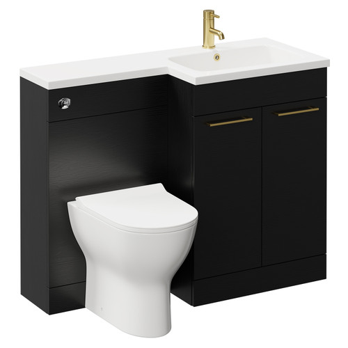 Napoli Combination Nero Oak 1100mm Vanity Unit Toilet Suite with Right Hand L Shaped 1 Tap Hole Round Basin and 2 Doors with Brushed Brass Handles Left Hand Side View