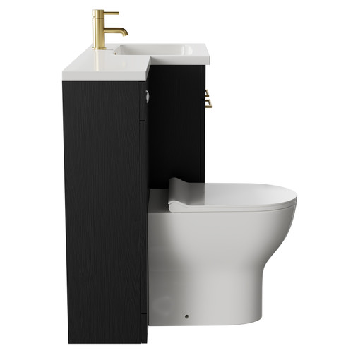 Napoli Combination Nero Oak 1100mm Vanity Unit Toilet Suite with Right Hand L Shaped 1 Tap Hole Round Basin and 2 Doors with Brushed Brass Handles Side on View