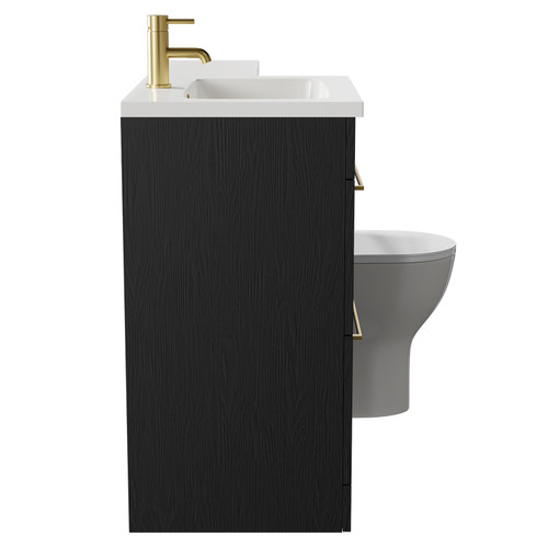 Napoli Combination Nero Oak 1100mm Vanity Unit Toilet Suite with Left Hand L Shaped 1 Tap Hole Round Basin and 2 Drawers with Brushed Brass Handles Side on View