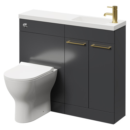 Napoli Combination Gloss Grey 1000mm Vanity Unit Toilet Suite with Slimline 1 Tap Hole Round Basin and 2 Doors with Brushed Brass Handles Right Hand Side View