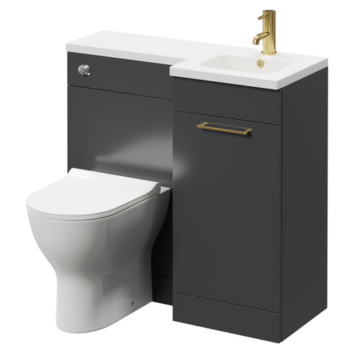 Napoli Combination Gloss Grey 900mm Vanity Unit Toilet Suite with Right Hand L Shaped 1 Tap Hole Round Basin and Single Door with Brushed Brass Handle Right Hand Side View