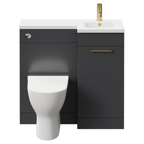 Napoli Combination Gloss Grey 900mm Vanity Unit Toilet Suite with Right Hand L Shaped 1 Tap Hole Round Basin and Single Door with Brushed Brass Handle Front View