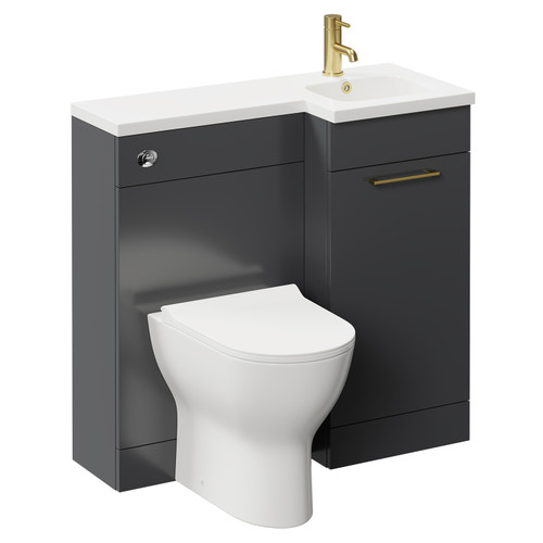Napoli Combination Gloss Grey 900mm Vanity Unit Toilet Suite with Right Hand L Shaped 1 Tap Hole Round Basin and Single Door with Brushed Brass Handle Left Hand Side View