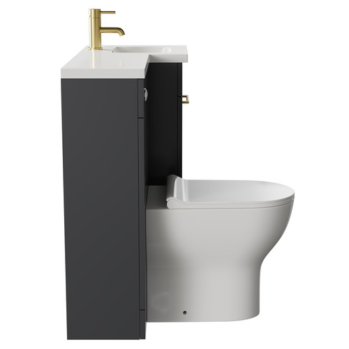 Napoli Combination Gloss Grey 900mm Vanity Unit Toilet Suite with Right Hand L Shaped 1 Tap Hole Round Basin and Single Door with Brushed Brass Handle Side on View