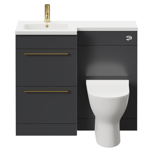 Napoli Combination Gloss Grey 1000mm Vanity Unit Toilet Suite with Left Hand L Shaped 1 Tap Hole Round Basin and 2 Drawers with Brushed Brass Handles Front View