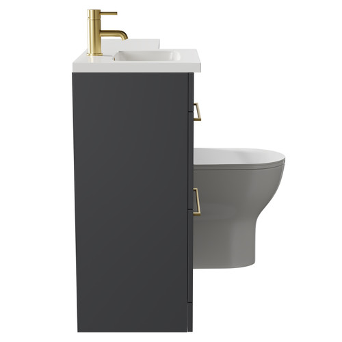 Napoli Combination Gloss Grey 1000mm Vanity Unit Toilet Suite with Left Hand L Shaped 1 Tap Hole Round Basin and 2 Drawers with Brushed Brass Handles Side on View