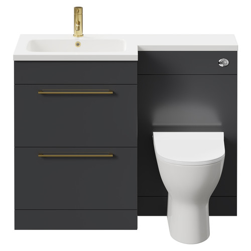 Napoli Combination Gloss Grey 1100mm Vanity Unit Toilet Suite with Left Hand L Shaped 1 Tap Hole Round Basin and 2 Drawers with Brushed Brass Handles Front View