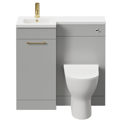 Napoli Combination Gloss Grey Pearl 900mm Vanity Unit Toilet Suite with Left Hand L Shaped 1 Tap Hole Round Basin and Single Door with Brushed Brass Handle Front View