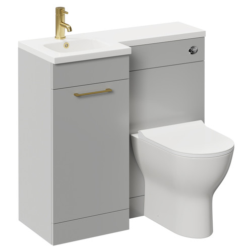 Napoli Combination Gloss Grey Pearl 900mm Vanity Unit Toilet Suite with Left Hand L Shaped 1 Tap Hole Round Basin and Single Door with Brushed Brass Handle Left Hand Side View