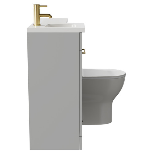 Napoli Combination Gloss Grey Pearl 900mm Vanity Unit Toilet Suite with Left Hand L Shaped 1 Tap Hole Round Basin and Single Door with Brushed Brass Handle Side on View