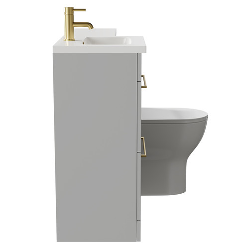 Napoli Combination Gloss Grey Pearl 1000mm Vanity Unit Toilet Suite with Left Hand L Shaped 1 Tap Hole Round Basin and 2 Drawers with Brushed Brass Handles Side on View