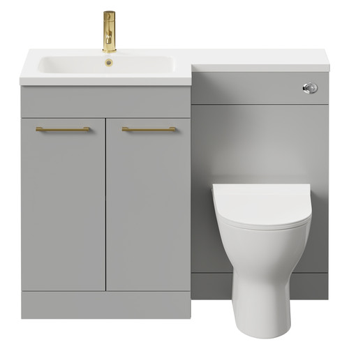 Napoli Combination Gloss Grey Pearl 1100mm Vanity Unit Toilet Suite with Left Hand L Shaped 1 Tap Hole Round Basin and 2 Doors with Brushed Brass Handles Front View